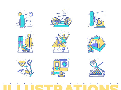 Sport Illustrations *Set app bike camera extreme fitness game icon illustration outline snowboard tourism ui