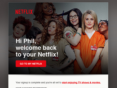 Welcome Back confirmation email cinematic design email design netflix