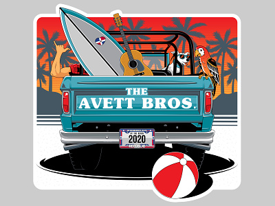 The Avett Brothers sticker design. band beach cartoon design ford bronco graphic illustration jeep palms parrot print sticker summer sunset surfing the avett brothers typography vacation vector vintage