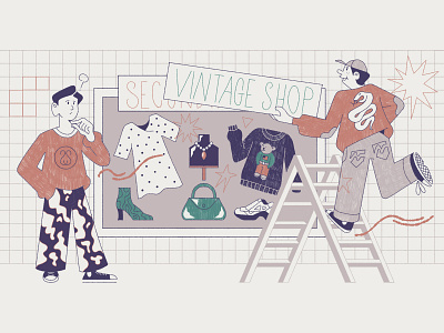 Illustration for the article about second hand in the fashion in article cartoon character clothing customer design fashion flat graphic illustration print reused sale secondhand shop shoping trendy upcycling vector vintage