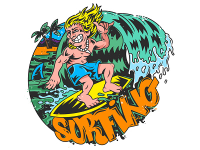 Surfer cool crazy illustration print summer surfing vector wave