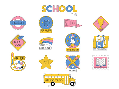 School badges set art back to school badge badge logo branding cartoon college graphic icon illustration pin print pupil school set sticker student supplies typography vector