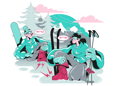 Illustration for "Ski boot fitting" service. boot cartoon character design discomfort drawing foot graphic illustration mountain pain people problem situation ski skier snow snowboard weekend winter