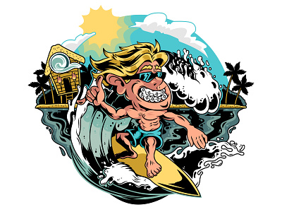 Surfing boy badge beach boy branding cartoon character design graphic hawaii illustration poster print shaka sticker summer surf surfer surfing vector wave