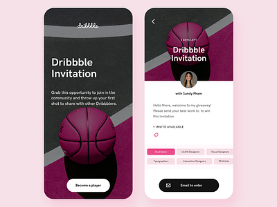 Dribbble Invite application basketball dailyui design dribbble invite giveaway invitation invites mobile mobile app mobile ui pink ui uiux ux