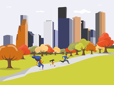 Houston Turkey Trot Illustration city fall family houston illustration jog park race running texas trees vector