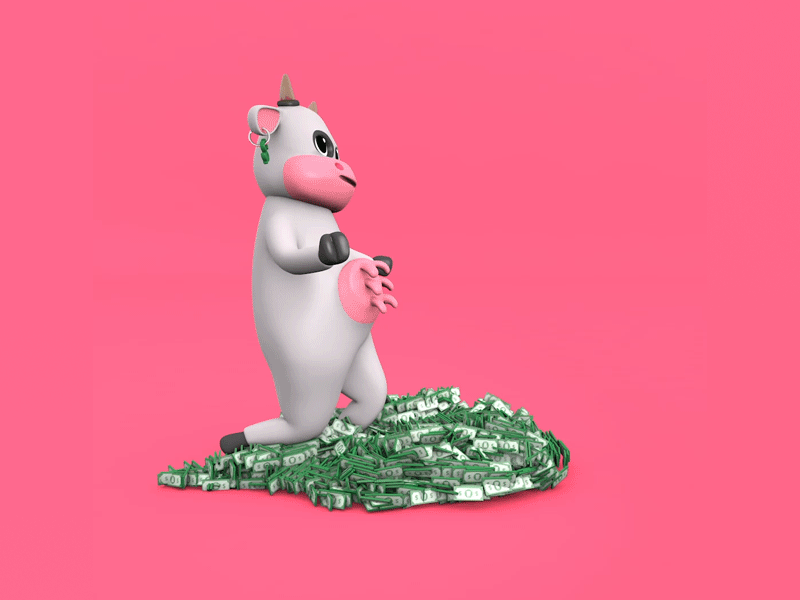 💸Moorene the Cash Cow💸 c4d cash character cinema 4d cow dance funny make it rain money motion rigging shake it sticker