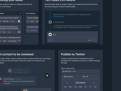 Landing page — Tweetboard approach builder calendar cards comments dark dark mode kanban landing page product saas saas landing site social media threads tweets twitter ui web website