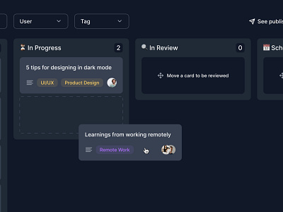 Drag and drop — Tweetboard cards clean columns dark dark mode drag drag and drop drop kanban kanban board move product product design saas stack ui ux