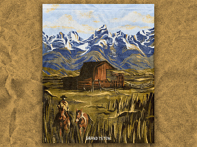 G for Grand Teton horses illustration mountains national park nature postcard retro texture vintage