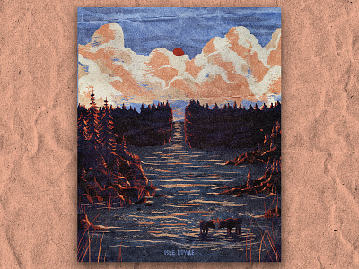 I for Isle Royale hiking illustration island michigan national park nature postcard retro texture vintage