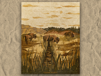 T for TheodoreRoosevelt bison grassland illustration national park nature north dakota retro texture vintage