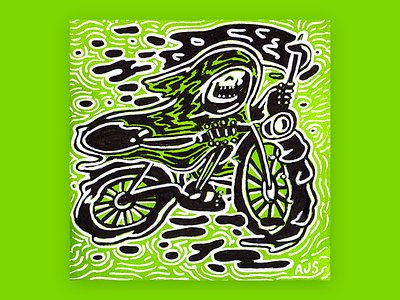 Post It Note #46 death green illustration motorbike pen and ink post it skeleton