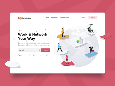 Landing Page Illustration branding character clean community companies funding illustration influencers investors landing page logo marketplace matketing professionals typography ui vector webdesign website