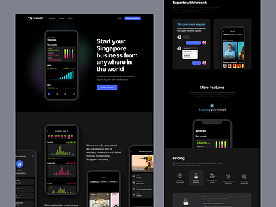 Wonso Web Landing accounting business clean dark mode design euro expense finance illustration income invoices landing mobile app online payment sales singapore tax uiux website