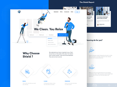 Shield Cleaning - Landing page blue character clean cleaning diy home illustration landing page maintenance man repair service ui ux vacuum vector web women work