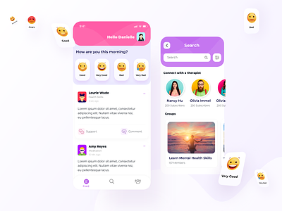 Mental Health Issues Mobile App app app design colorful emoji mental health pink psychology smiley ui uidesign ux uxdesign