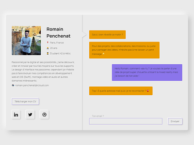 Portfolio 2020 - Contact chatbot - Romain Penchenat 2020 chatbot contact neumorphic neumorphism penchenat portfolio romain