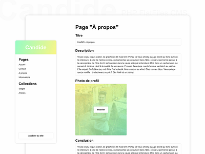 Candide - A PHP Flatfiles CMS for developers candide cms development concept edition gradient interface navigation ui ux