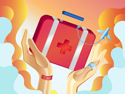 First-aid Kit for Traveller air cloud hands illustration medic plane sunset travel