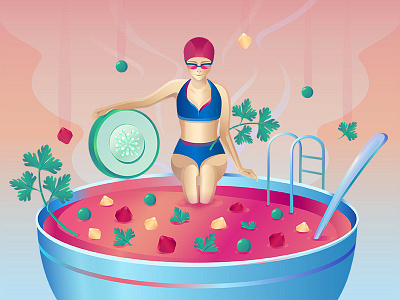 Summer Soup colorful girl illustration illustrator soup swim tasty vegetables