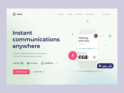 Communication App Hero Landing Section aftereffects animation apple concept dailyui hero banner hero section home page landing landing page landingpage main page minimalistic sound watch wawes web web design website website design
