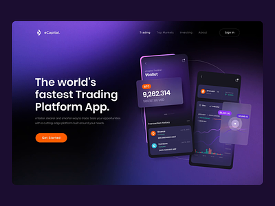 Trading App Landing Hero Section aftereffects animated animation concept daily ui glass hero banner hero secrion home page landing landing page landingpage main page minimalistic motion trading web web design website website design