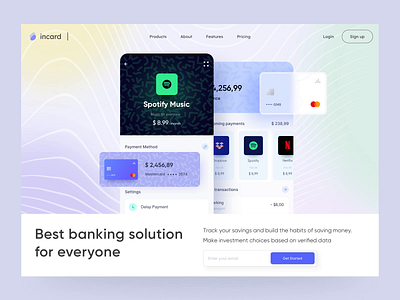 Banking App Landing Hero Section aftereffects animation banking cards concept dailyui hero banner hero section home page landing landing page landingpage main page minimalistic motion wawes web web design website website design