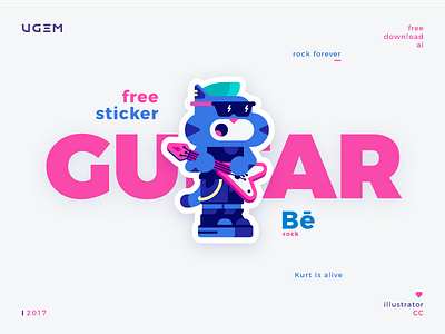 Be Rock Sticker cat character color flat free guitar music sticker typography