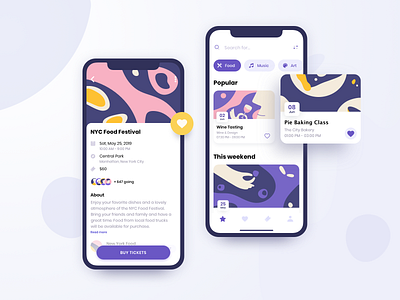 Event Discovery App enebts flat illustrations ios iphone minimal mobile mobile app mobile app design mobile ui phone puple uiux ux