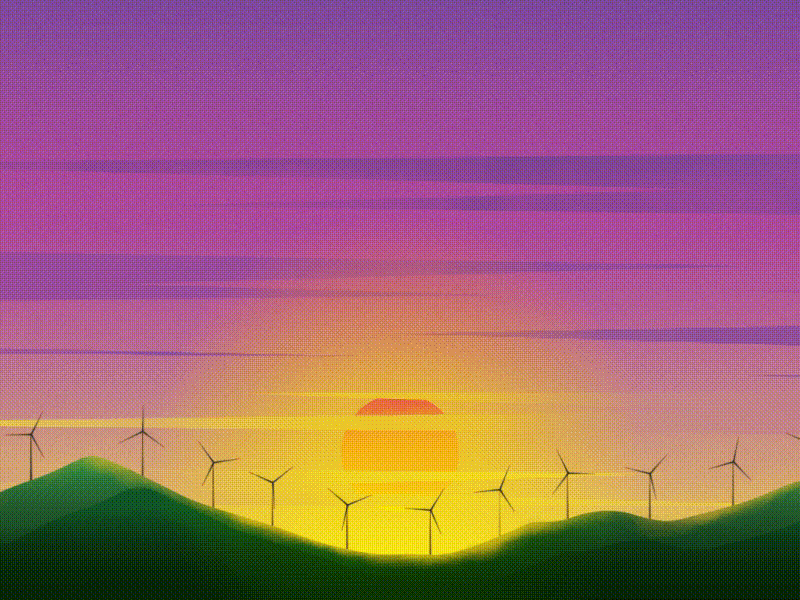 Hello Dribbble after affects animated animation dribbble hello dribble illustration mountains sky sunset windmill