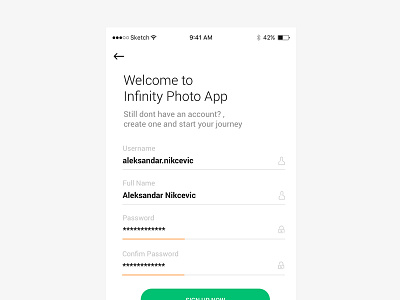 Infinity Photo App Registration Process album app camera feed filter ios news photo picture profile splash