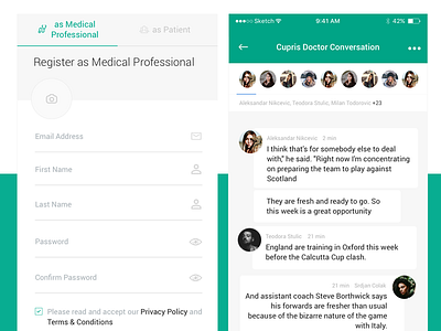 Cupris Health Chat & Registration Process app chat doctor interface ios medical menu message signup tutorial ui ux