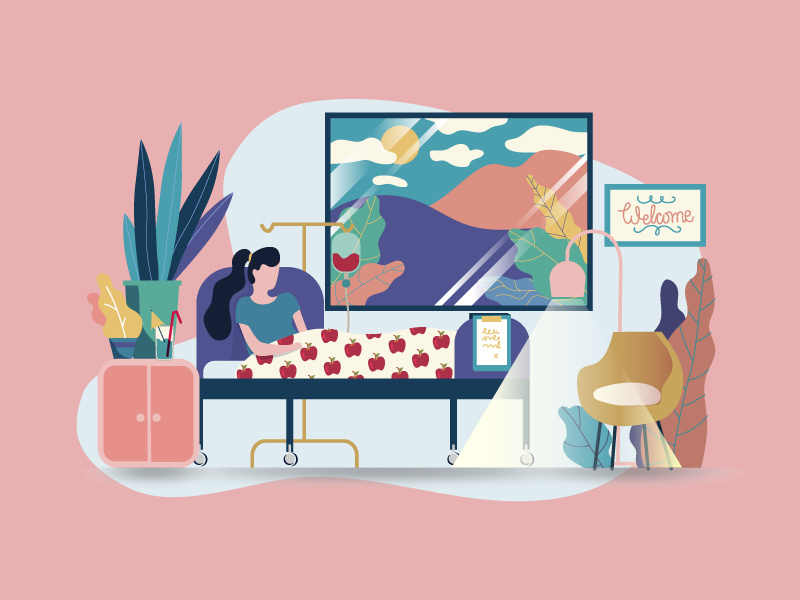 Hospital Room pastel minimal adobe drawing izy kali doctor window plants medical hospital illustrator vector illustration