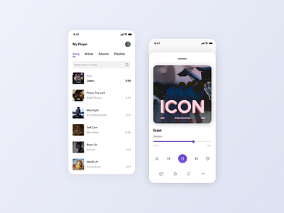 Music Player albums app clean clients dots favorite icons minimalism music app play player profile progressbar search tabs ui