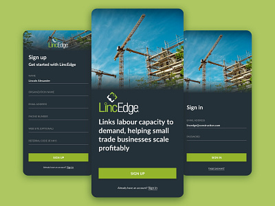 LincEdge Mobile App - Sign up/in app construction mobile app mobile app design mobile ui sharing economy sign in signup ui