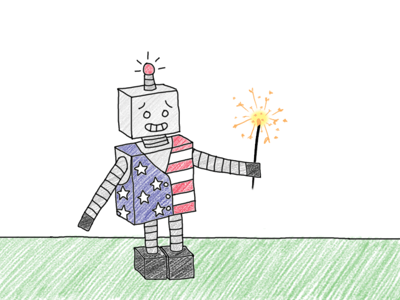 Fourth of July Theodore the Robot GIF 4th of july american americana animated drawing fourth of july illustration patriotic robot sparkler theodore the robot