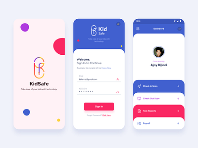 KidSafe UI Dashboard & Login app cards clean dashboad design education flat icons minimal mobile school sign in splash ui ui design ux