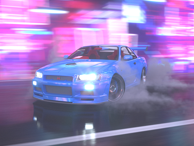 Drift on Neon Street. Nissan Skyline GTR R34. c4d drift neon octane render