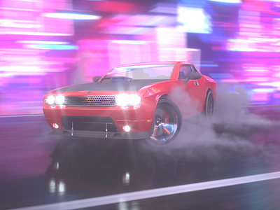 Drift on Neon Street. Dodge Challenger SRT. c4d cars cinema 4d drift motion blur neon night octane render