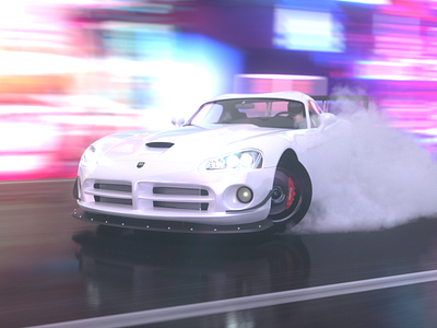 Drift on Neon Street. Dodge Viper SRT10 ACR. c4d cars drift motion blur neon octane render