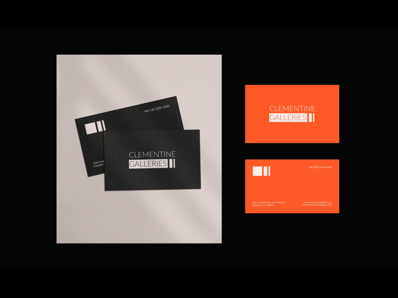 CLEMENTIE GALLERIES black and orange branding business card gallery gallery logo identity design identity gallery logo logo design name card orange