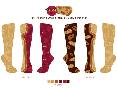 How Mister Butter & Misses Jelly First Met butter caricature character fashion grape jelly peanut sandwich sock