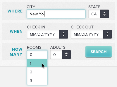 Form Design booking button drop down dropdown fields form hover menu selected state travel ui web website