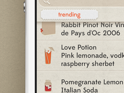 Shindig iOS App Trending Drink Recommendations app beer check in checkin cocktail design dislike drinks icons interface ios iphone like list mobile thumbs ui ux wine