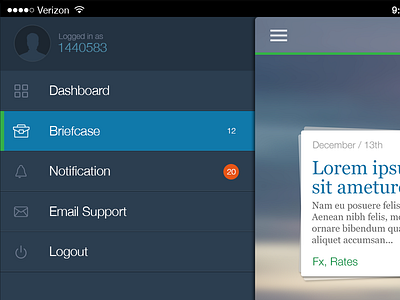 Dashboard Drawer iPad briefcase dashboard email ios ipad logout navigation notification side panel slide ui ux
