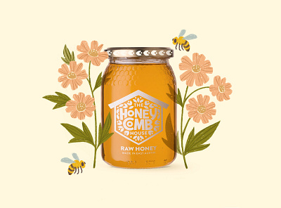 The Honey Comb House : Jar Packaging floral illustration food brands food illustration food packaging freelance designer freelance illustrator graphic design honey bee honey branding logo design nature brands nature illustration organic food organic logo packaging design