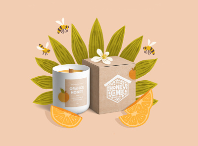 The Honey Comb House : Candle bees beeswax brand redesign branding candle digital art floral floral illustration freelance designer freelance illustrator fruit illustration leaves logo design nature nature brands nature design oranges personal project plants