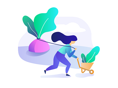 Illustration - Healthy Cooking App app beet bright character color cooking flat girl gradient hair illustration leaf onboarding recipe running vector veg vegetable vibrant wheel barrow