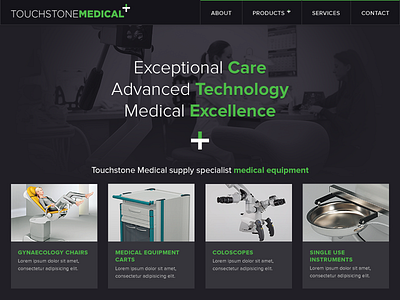 Medical Equipment website homepage black dark flat green medical technical